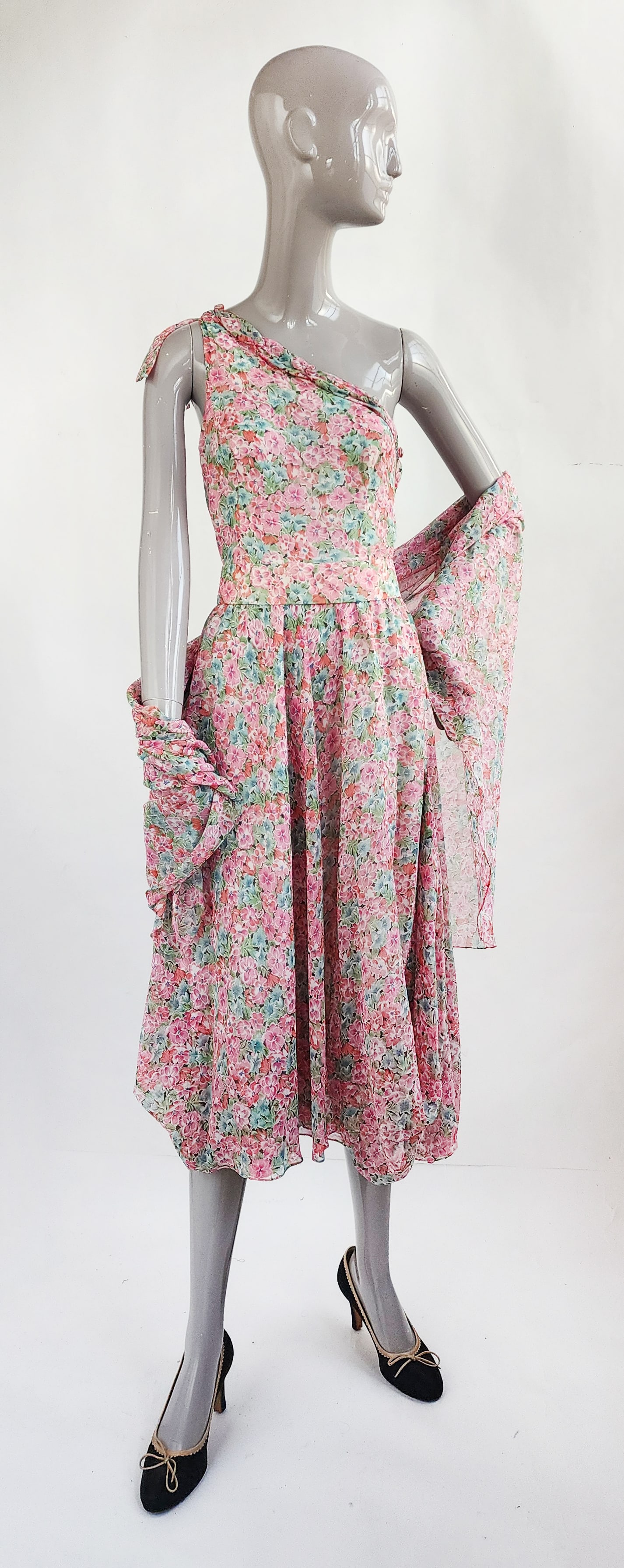 Vincent Harmik Custom Made Pink Floral Print Cotton Dress & Scarf, ca. 1970s-80s (1 of 5)