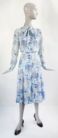 Vincent Harmik Custom Made Blue Floral Cotton Two Piece Dress Set, ca. 1970s-80s