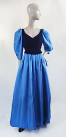 Handan Boutique Navy Velvet & Blue Taffeta Evening Gown, ca. 1982