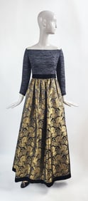 Mary McFadden Black, Gold Metallic Floral Brocade & Fortuny Pleated Evening Dress, 1997