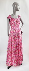 A. Ardelt New York Haute Couture Pink & Gold Brocaded Floral Print Silk Chiffon Evening Dress, ca.