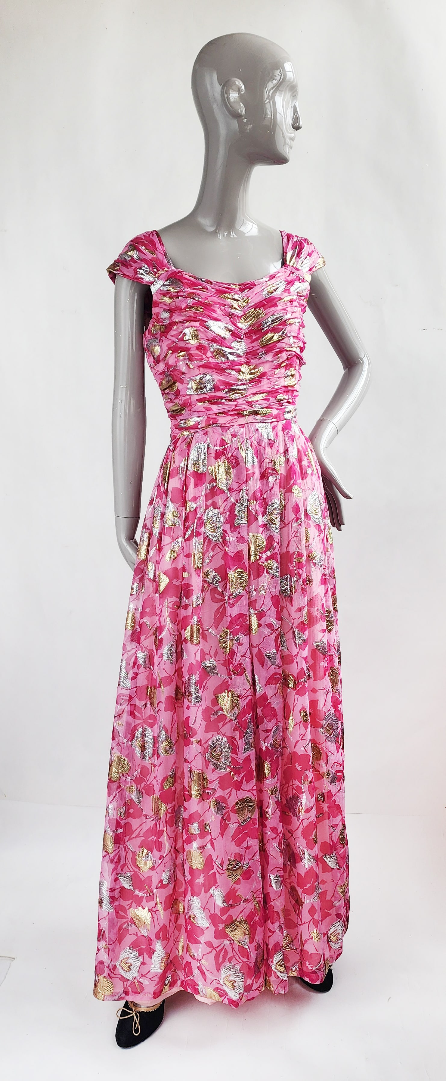 A. Ardelt New York Haute Couture Pink & Gold Brocaded Floral Print Silk Chiffon Evening Dress, ca. (1 of 7)