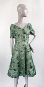 Arnold Scaasi Custom Made Embroidered Green Lace Cocktail Dress, 1980s