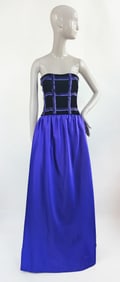 Tracy Mills Beaded Black Velvet & Royal Blue Satin Strapless Evening Dress, 1980s