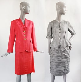 Electre Paris Coral Red Silk Suit with Matching Belt, ca. 1990s