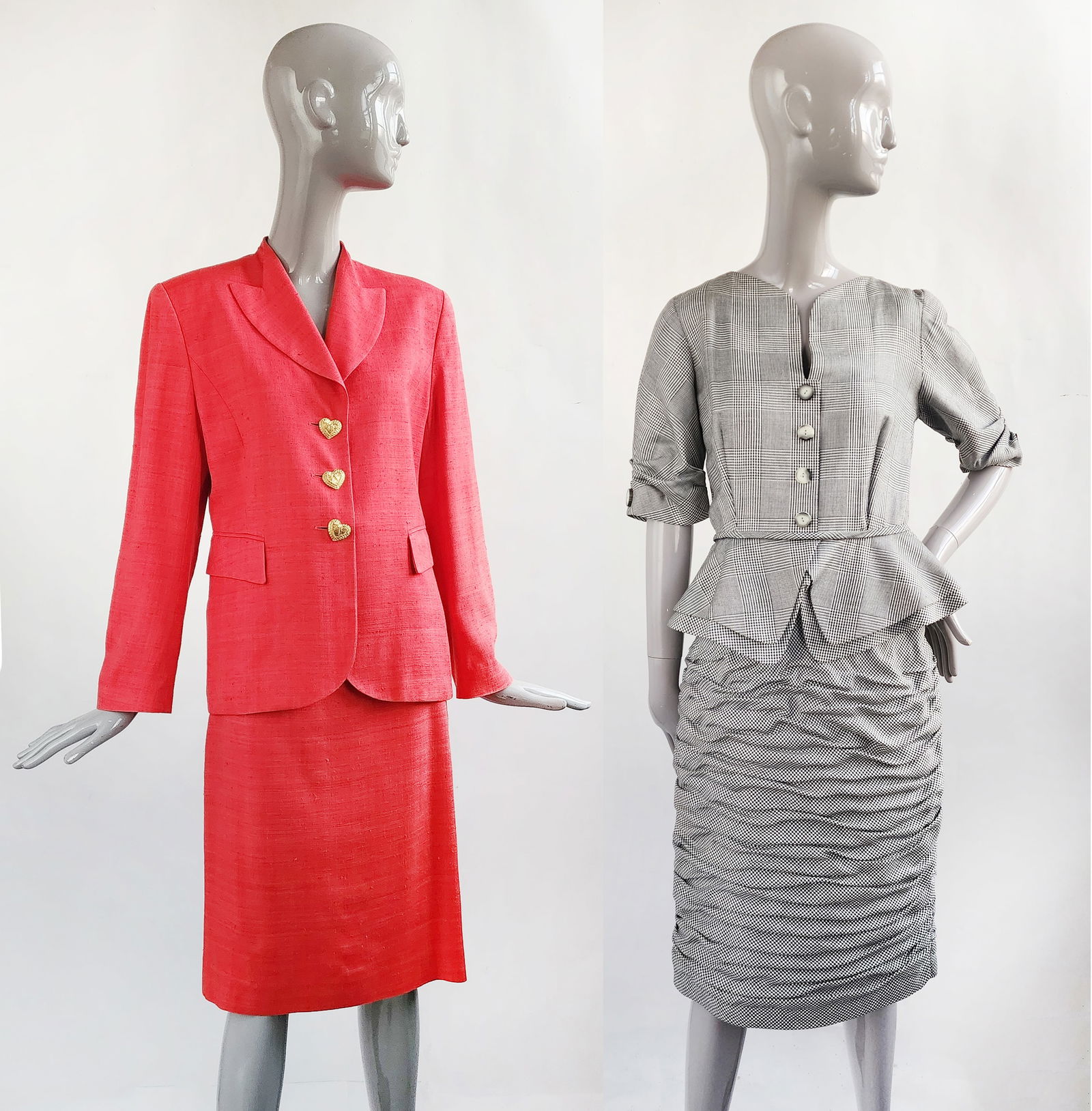 Electre Paris Coral Red Silk Suit with Matching Belt, ca. 1990s: Electre Paris coral red silk suit and matching leather belt with heart shaped gold tone hardware decorations, ca. early 1990s. Made in France. Together with; Candice Fraiberger Paris grey linen & rayo