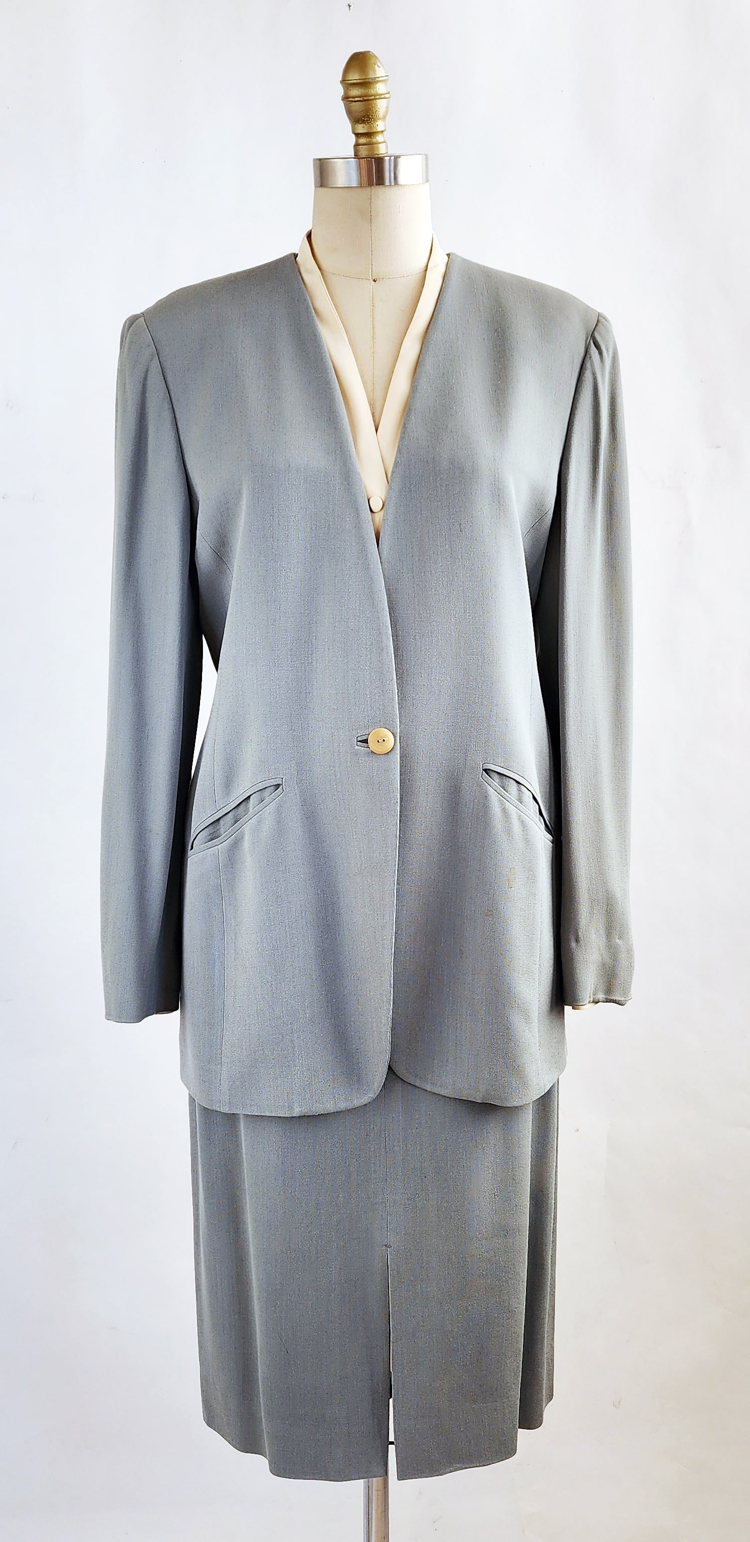 Barneys New York Blue-Grey Silk Blend Skirt Suit, c. 1990s (1 of 7)