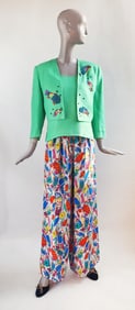 Custom Made Embroidered Green Linen & Fish Print Silk 3-Pcs Ensemble, ca. 1990s