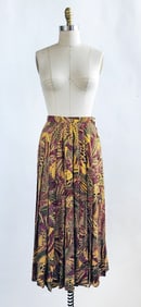 Salvatore Ferragamo Multicolor Floral/ Feather Print Wool Pleated Skirt, c. 1990s