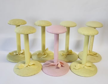 Lot of 7 Yellow & Pink Vinyl Covered Hat Stands & Hat Box