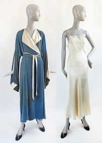 1930s Blue Velvet Dressing Gown & Cream Silk & Lace Slip Dress