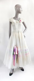 1940s White Cotton Organdy Couture Dress with Multicolor Ribbon Trim