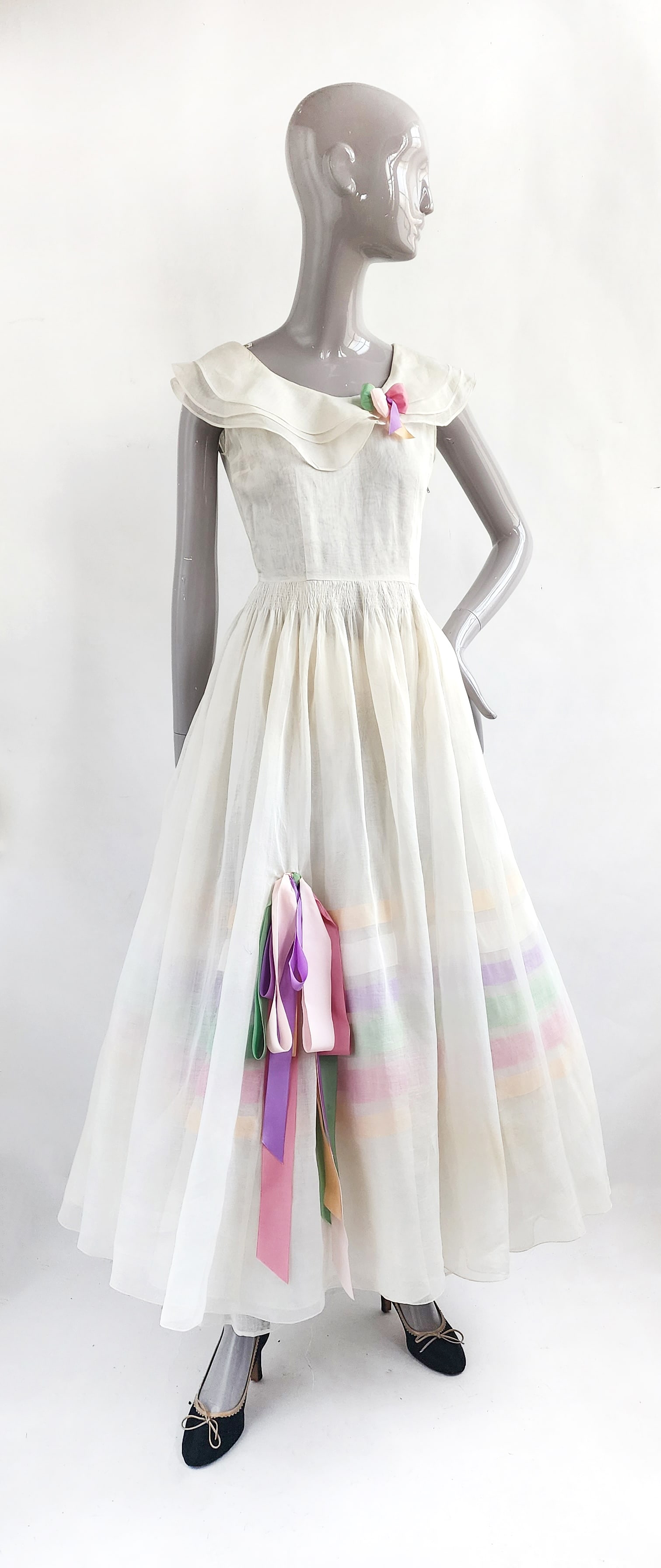 1940s White Cotton Organdy Couture Dress with Multicolor Ribbon Trim (1 of 5)