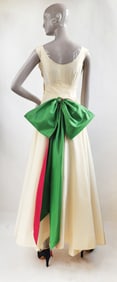 Cream, Fuchsia & Green Silk Taffeta Couture Debutante Dress, ca. 1950