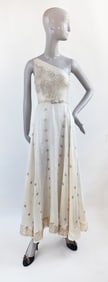 Custom Made Cream Silk & Gold Metallic Sari Fabric Dress, ca. 1950