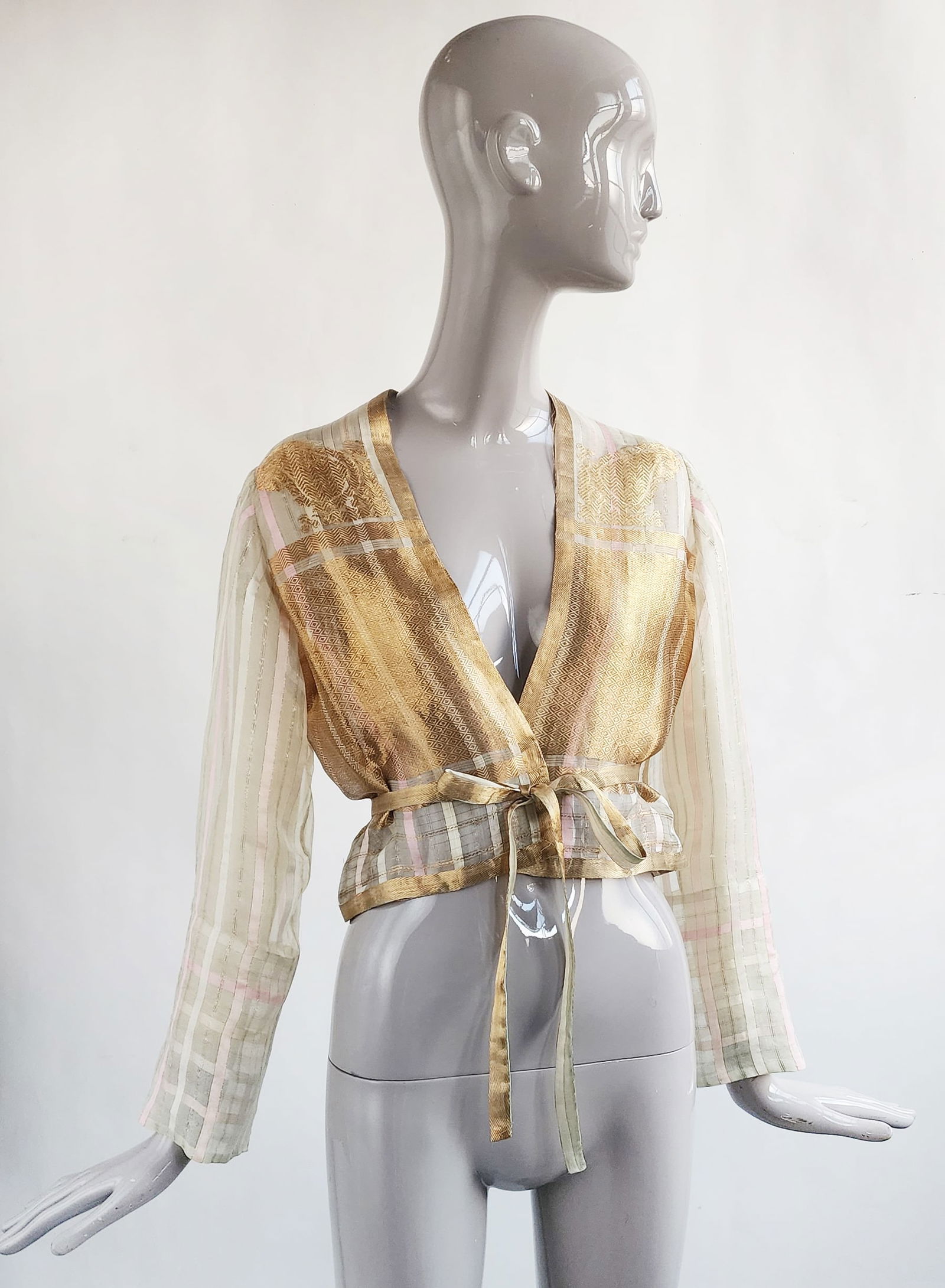 Custom Made Antique Indian Cream & Gold Metallic Silk Organza Jacket or Top (1 of 4)