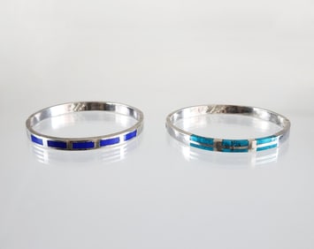 Estate Vintage Lot of 2 Sterling Silver, Turquoise & Lapis Mexican Bracelets