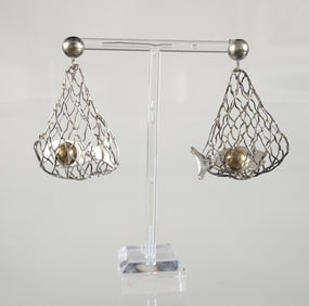 Estate Vintage Mexican Sterling Silver Fish in Net Novelty Earrings