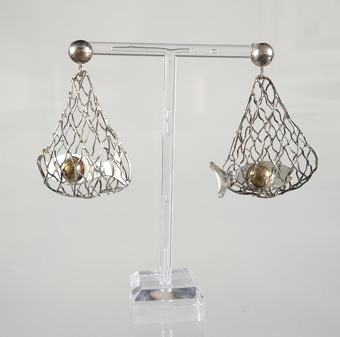 Estate Vintage Mexican Sterling Silver Fish in Net Novelty Earrings (1 of 7)