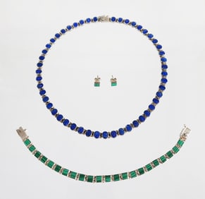 Estate Vintage Sterling Silver, Lapis Lazuli, Malachite Necklace, Bracelet & Earrings