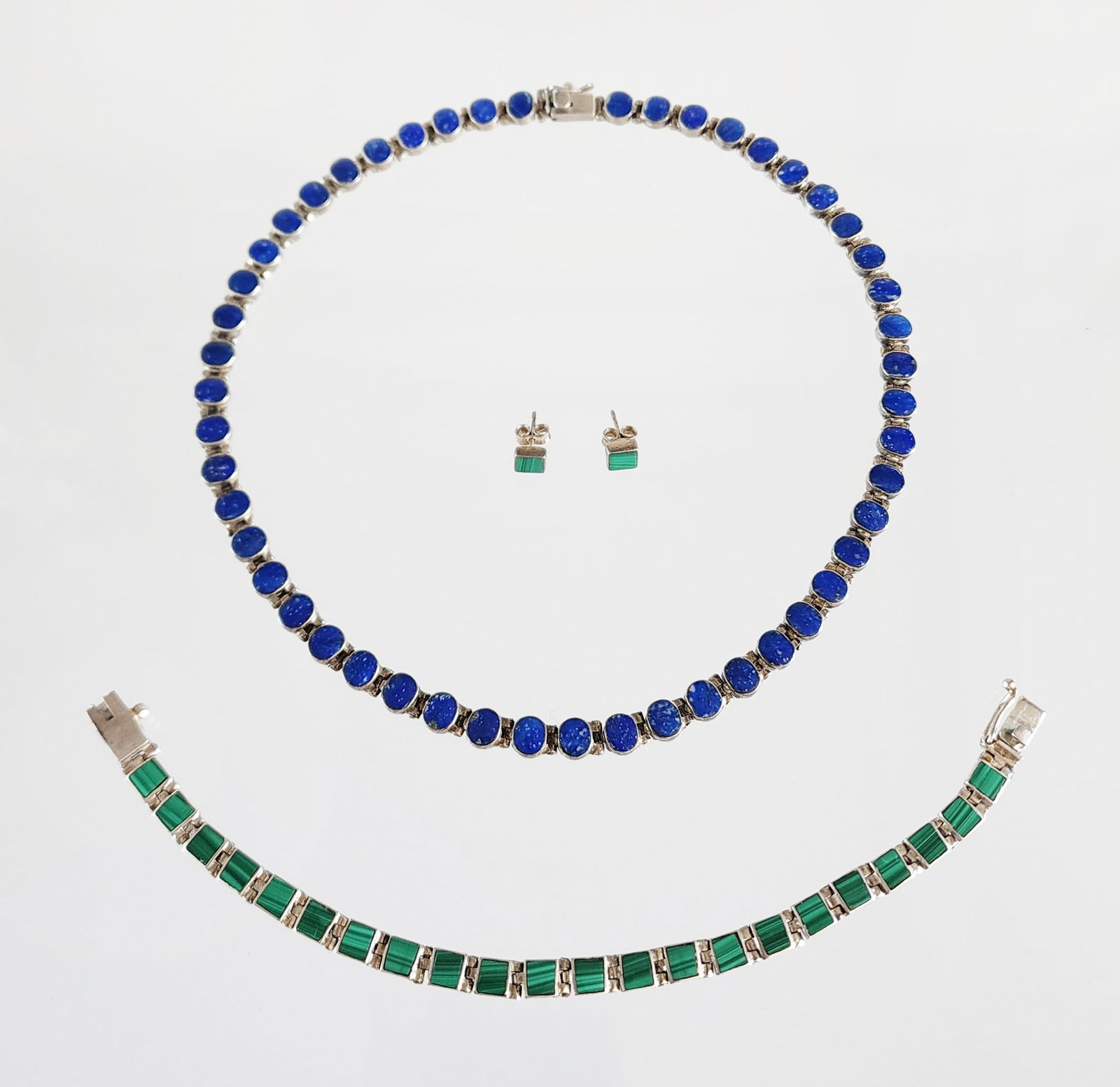 Estate Vintage Sterling Silver, Lapis Lazuli, Malachite Necklace, Bracelet & Earrings (1 of 10)