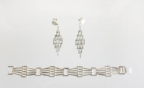 Estate Vintage Sterling Silver Gate Chain Bracelet & Earrings