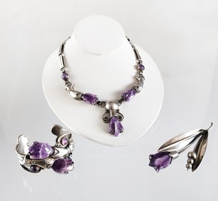 Estate Vintage Sterling Silver & Amethyst Necklace, Cuff Bracelet & Brooch Set