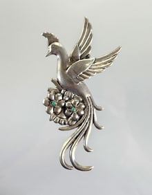 Estate Vintage Mexican Sterling Silver & Turquoise Large Bird Brooch, ca. 1930s