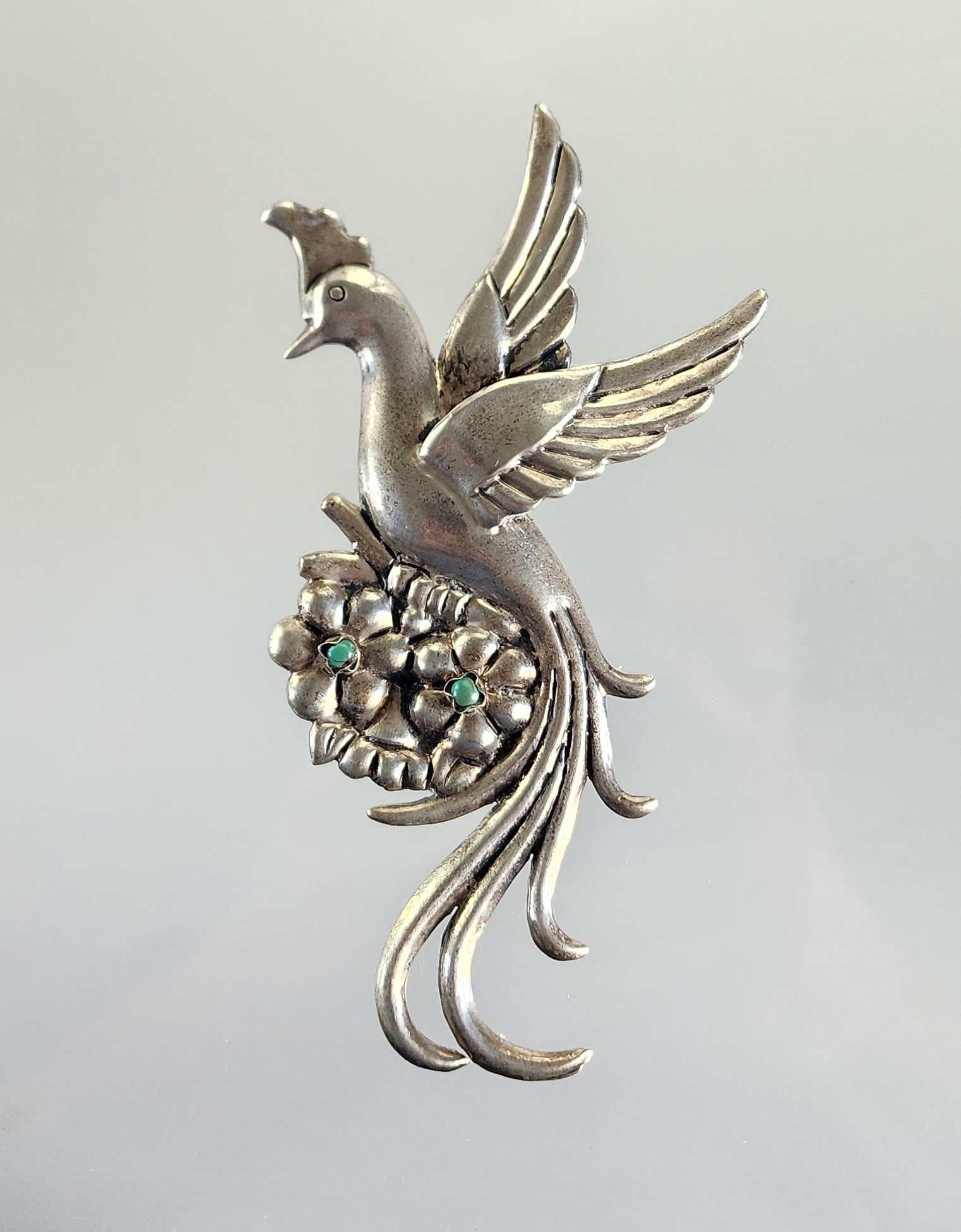 Estate Vintage Mexican Sterling Silver & Turquoise Large Bird Brooch, ca. 1930s (1 of 6)
