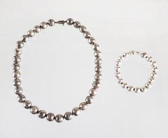 Estate Vintage Sterling Silver Mexican Navajo Pearl Necklace & Bracelet