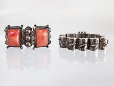 Lot of 2 Estate Vintage Mexican Sterling Silver Link Bracelets, 1940s & 1960s