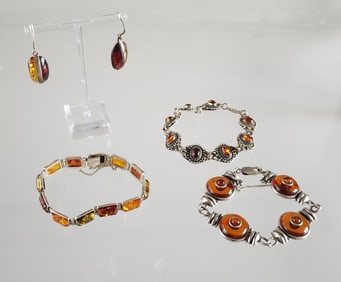 Estate Vintage Sterling Silver & Amber 3 Bracelets &Pair of Earrings