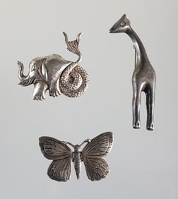 Estate Vintage Lot of 3 Sterling Silver Brooches; Butterfly, Giraffe, Elephant