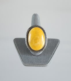 Estate Vintage Sterling Silver Ring with Large Amber Cabochon, Sz 9