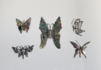 Estate Vintage Lot of 5 Sterling Silver & Gemstone Butterfly Brooches