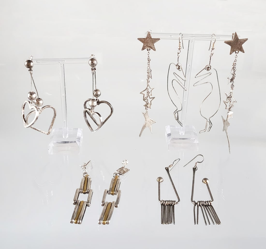 Estate Vintage Five Pairs of Sterling Silver Earrings: Estate Vintage Five Pairs of Sterling Silver Earrings. Marks: 925/TS-79/ Mexico, 925/ T-130/ Mexico, Paj/925/ Thailand, and two pairs unmarked. Total weight: 65 grams. Provenance: Estate of Victoria S