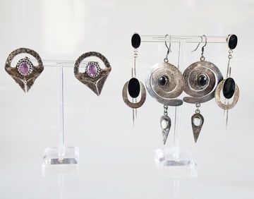 Estate Vintage Three Pairs of Sterling Silver & Gemstone Earrings