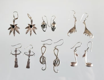 Estate Vintage Six Pairs of Sterling Silver Novelty Earrings