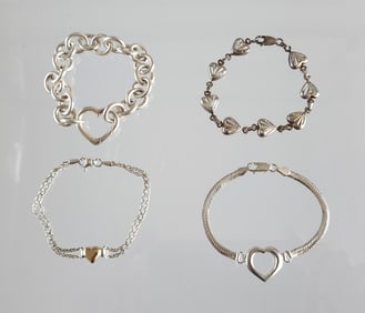 Estate Vintage Sterling Silver Lot of 4 Bracelets with Hearts