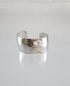 Estate Vintage Sterling Silver & 14K Gold Artist Signed Cuff Bracelet