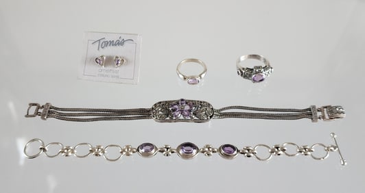 Group of Estate Vintage Sterling Silver, Amethyst and Hematite Jewelry