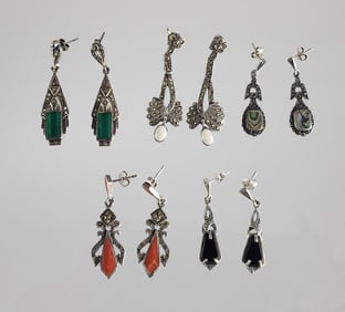 Estate Vintage Four Pairs of Sterling Silver Hematite, Onyx, Opal & Coral Earrings