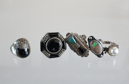 Lot of 5 Estate Vintage Sterling Silver & Gem Stone Rings, Sz 6.5-7