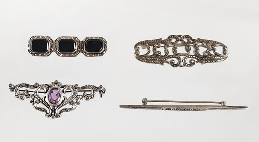 Lot of 4 Estate Vintage Sterling Silver, Amethyst, Hematite & Onyx Brooches