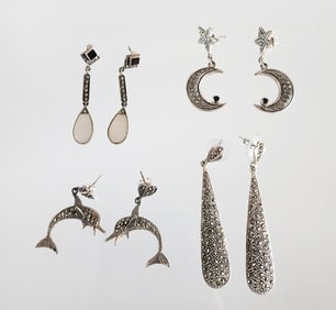 Estate Four Pairs of Sterling Silver & Hematite Earrings