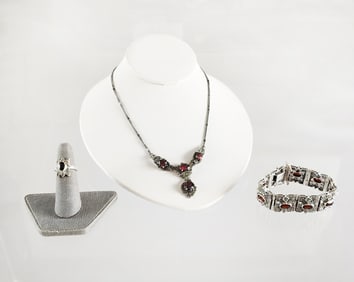 Estate Vintage Group of Sterling Silver Garnet & Hematite Jewelry