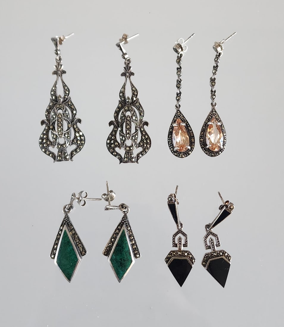 Lot of Four Estate Vintage Sterling Silver & Gem Stone Earrings (1 of 5)
