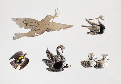 Estate Vintage Lot of 5 Sterling Silver Bird Themed Brooches