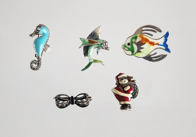 Estate Vintage Lot of 6 Enameled Sterling Silver Brooches