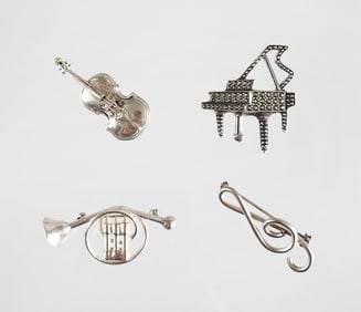 Estate Vintage Lot of 5 Sterling Silver Music Themed Brooches